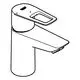 Chromfarbene Grohe-Waschtischarmatur mit einfachem Griff und flacher Auslaufform. Ventilmechanismus PushOpen integriert.