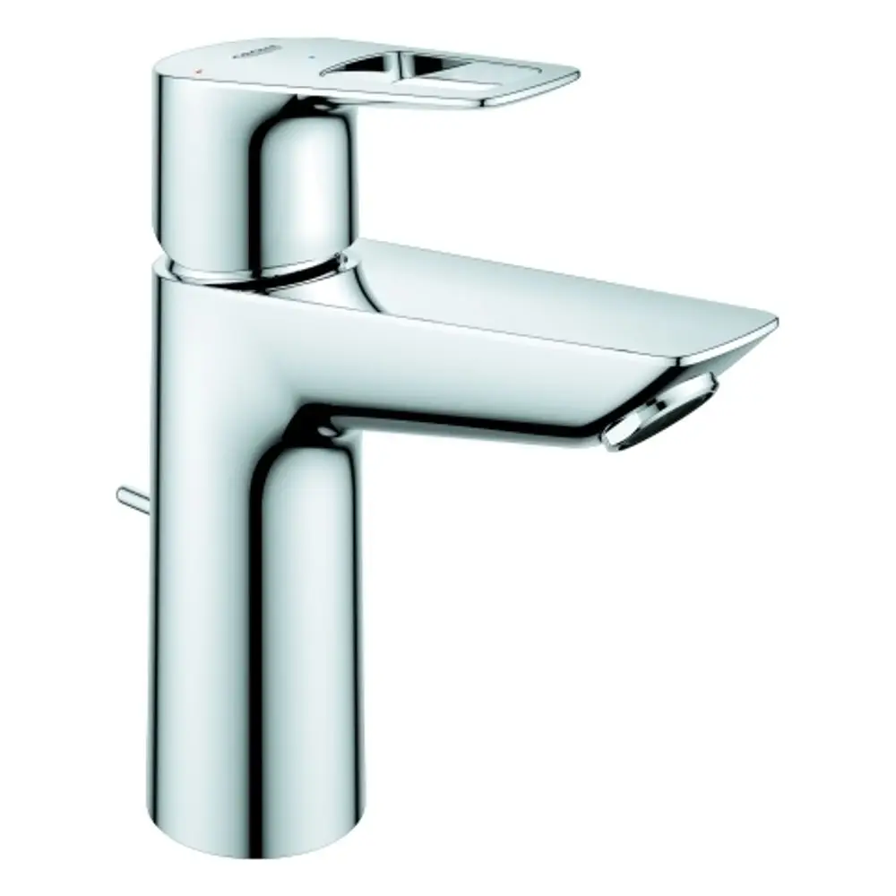 Ein chromfarbener Wasserhahn mit einer flachen, schrägen Auslaufkante und einem Hebel zur Temperaturregulierung, hergestellt von Grohe.