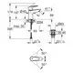 Technisches Diagramm einer Grohe-Batterie mit Maßangaben. Darstellung von Seitenansicht, Oberansicht und Detailinformationen zu Anschlüssen und Montage.