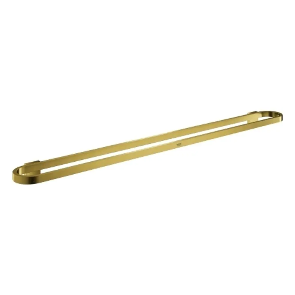Goldfarbener Handtuchhalter von Grohe mit schlankem Design und klaren Linien, montiert an einer weißen Wand.