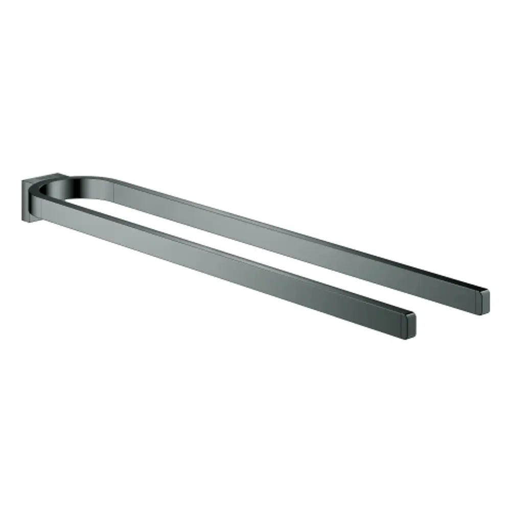 Handtuchhalter von Grohe mit zwei Armen in hartem Graphit-Finish, montiert an einer Wand, mit einem minimalistischen, geradlinigen Design.