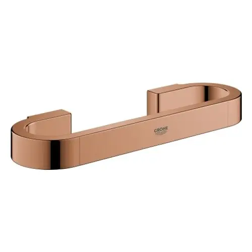 GROHE Griff in Roségold-Optik, gebogenes Design ohne erkennbare Maße, befestigungslos, für Badezimmeranwendungen geeignet.