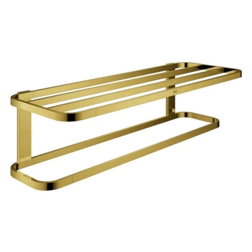 Goldener Wand-Badetuchhalter von Grohe mit zwei horizontalen Ablagen zur Aufbewahrung von Handtüchern. Minimalistisches Design ohne zusätzliche Verzierungen.