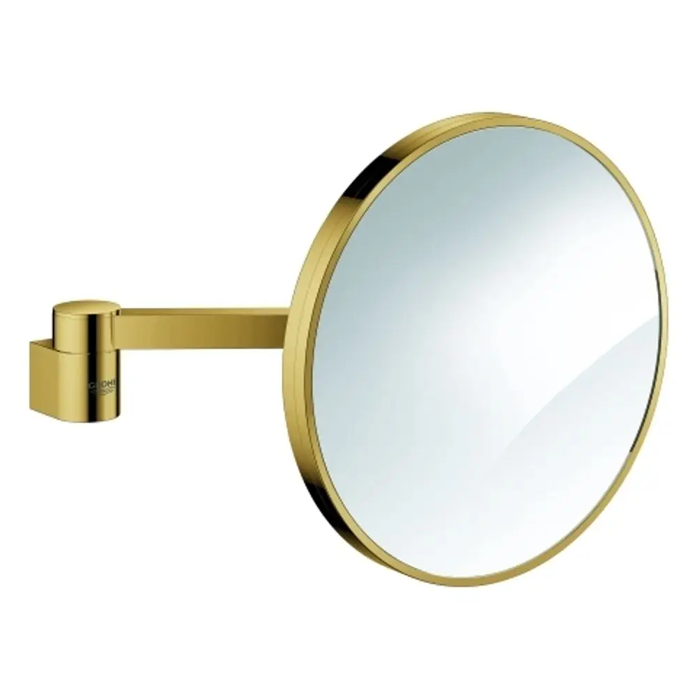 Wandmontierter runder Spiegel mit goldfarbener Rahmen und drehbarem Arm, hergestellt von Grohe. Der Spiegel zeigt eine klare reflektierende Oberfläche.