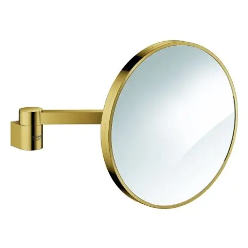Wandmontierter runder Spiegel mit goldfarbener Rahmen und drehbarem Arm, hergestellt von Grohe. Der Spiegel zeigt eine klare reflektierende Oberfläche.