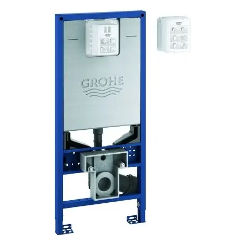 GROHE WC-Element in blauer Rahmenkonstruktion mit Steuerungseinheit. Sichtbare Rohre und Anschlüsse für die Installation in Badezimmern.