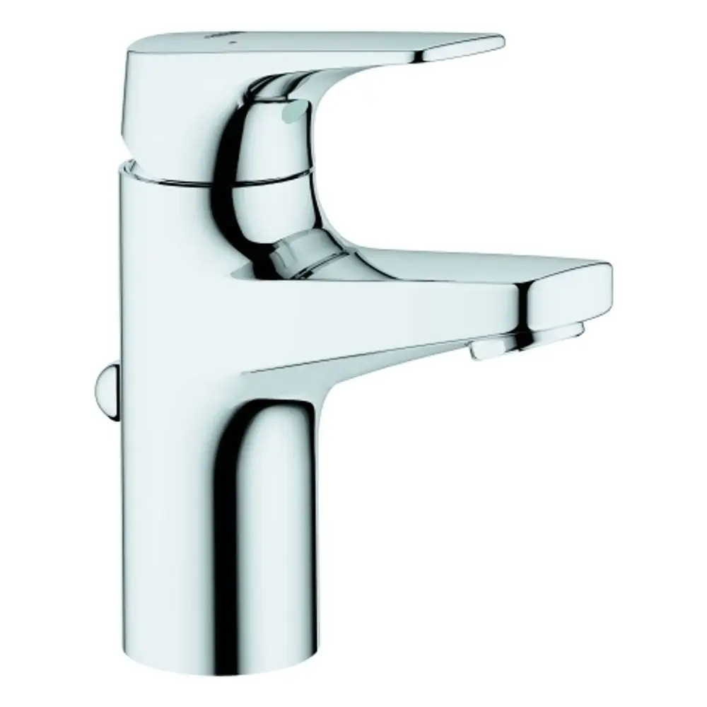 Chromene Waschtischbatterie von Grohe mit einer angrenzenden Steuerung, die einen modernen Wasserfluss ermöglicht. Der Auslauf hat eine rechteckige Form.