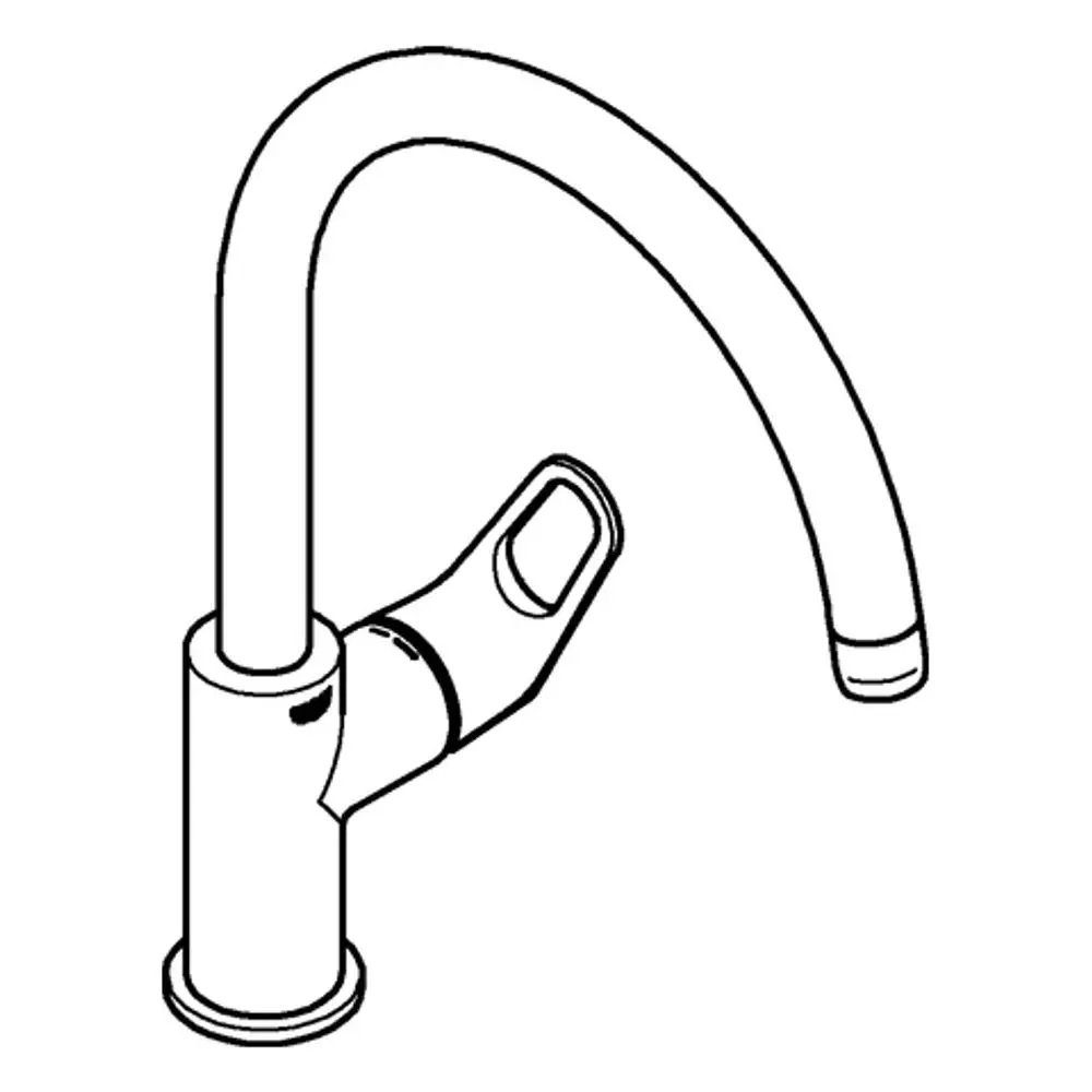 Einhand-Spültischbatterie mit hohem Auslauf von Grohe, mit gebogenem Wasserhahn und seitlichem Bedienhebel zur Regulierung des Wasserflusses.
