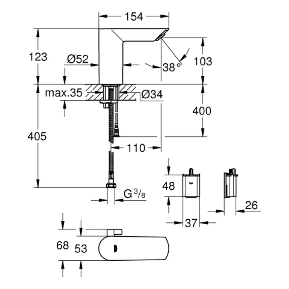 Grohe-Waschtischarmatur mit klaren Linien, Abmessungen und installiertem Mischmechanismus, sichtbare Teile und Anschlüsse gut erkennbar in der technischen Zeichnung.