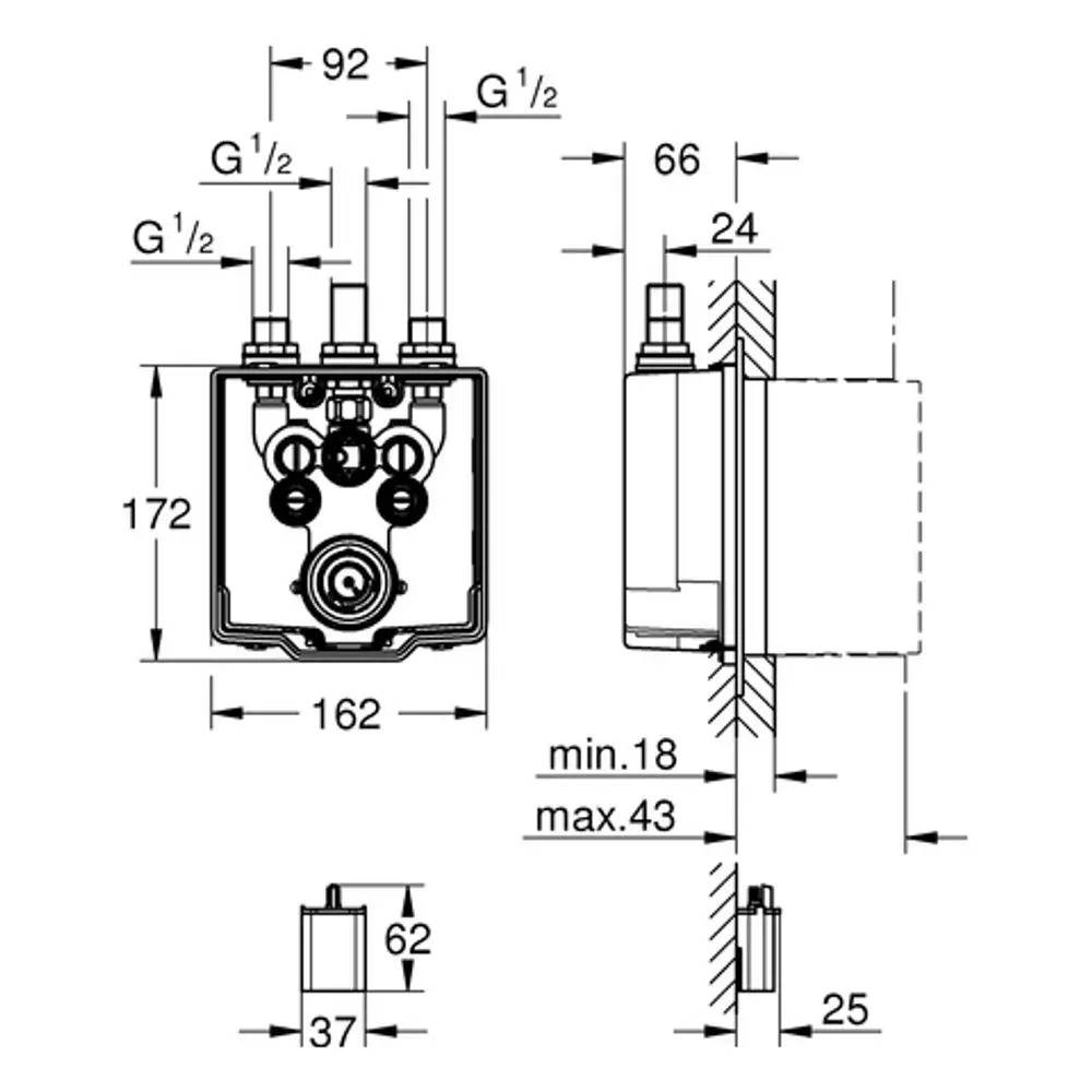 GROHE Produktzeichnung eines UP-Körpers mit mehreren Anschlüssen und spezifischen Maßen, dargestellt in verschiedenen Ansichten. Technische Informationen sind klar abgebildet.
