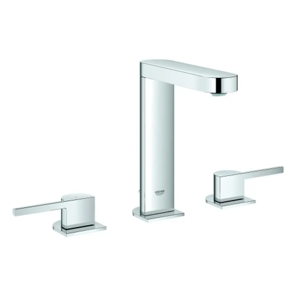 Waschtischarmatur mit einem hohen zentralen Auslauf und zwei seitlichen Bediengriffen. Verchromte Oberfläche und modernes Design von Grohe.