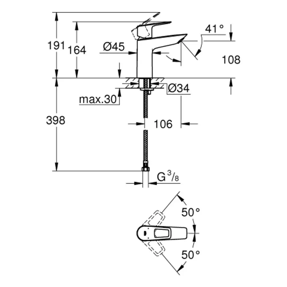 GROHE Waschtischbatterie mit glattem Körper in Chromfinish, seitliche Hebelsteuerung und Abmessungen zur Montage. Technische Zeichnung mit Maßangaben und Anschlussformat.