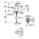 Grohe-Waschtischarmatur mit Hebel. Technische Zeichnung mit Maßen und Montageanweisungen. Push-open Ablaufgarnitur skizziert, inkl. Anschlüsse und Dimensionen.