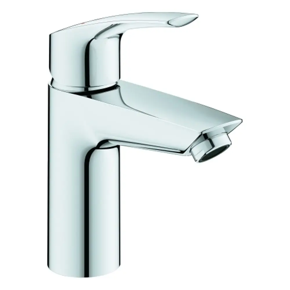 GROHE Wasserhahn mit offenem Hebel in chromfarbenem Finish. Der Auslauf ist klar geformt, geeignet für Waschbeckeninstallation.