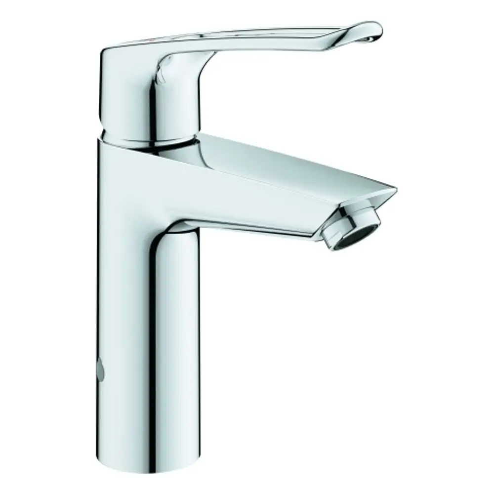Chromfarbener Wasserhahn mit offener Hebelbedienung von Grohe, geeignet für die Montage an Waschbecken oder Badewanne. Verbrühschutzfunktion vorhanden.