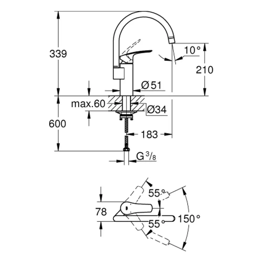 Küchenarmatur mit hohem Auslauf und schwenkbarem Auslauf. Abmessungen und Montagedetails sind im technischen Diagramm dargestellt. Grohe-Produkt.