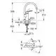 Küchenarmatur mit hohem Auslauf und schwenkbarem Auslauf. Abmessungen und Montagedetails sind im technischen Diagramm dargestellt. Grohe-Produkt.