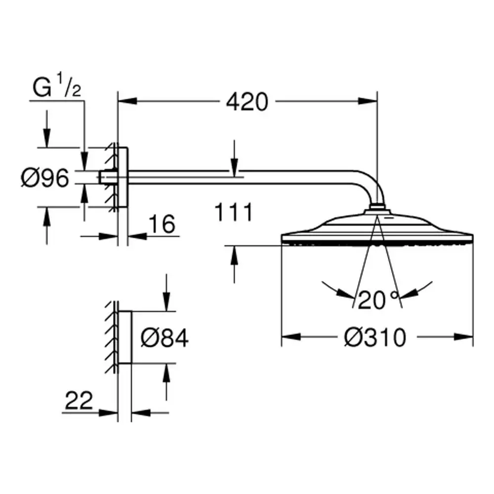 Technische Zeichnung eines Grohe-Duschkopfs mit einem runden, flachen Design und einem verstellbaren Arm, der an einer Wand montiert wird. Maße und Winkel sind angegeben.