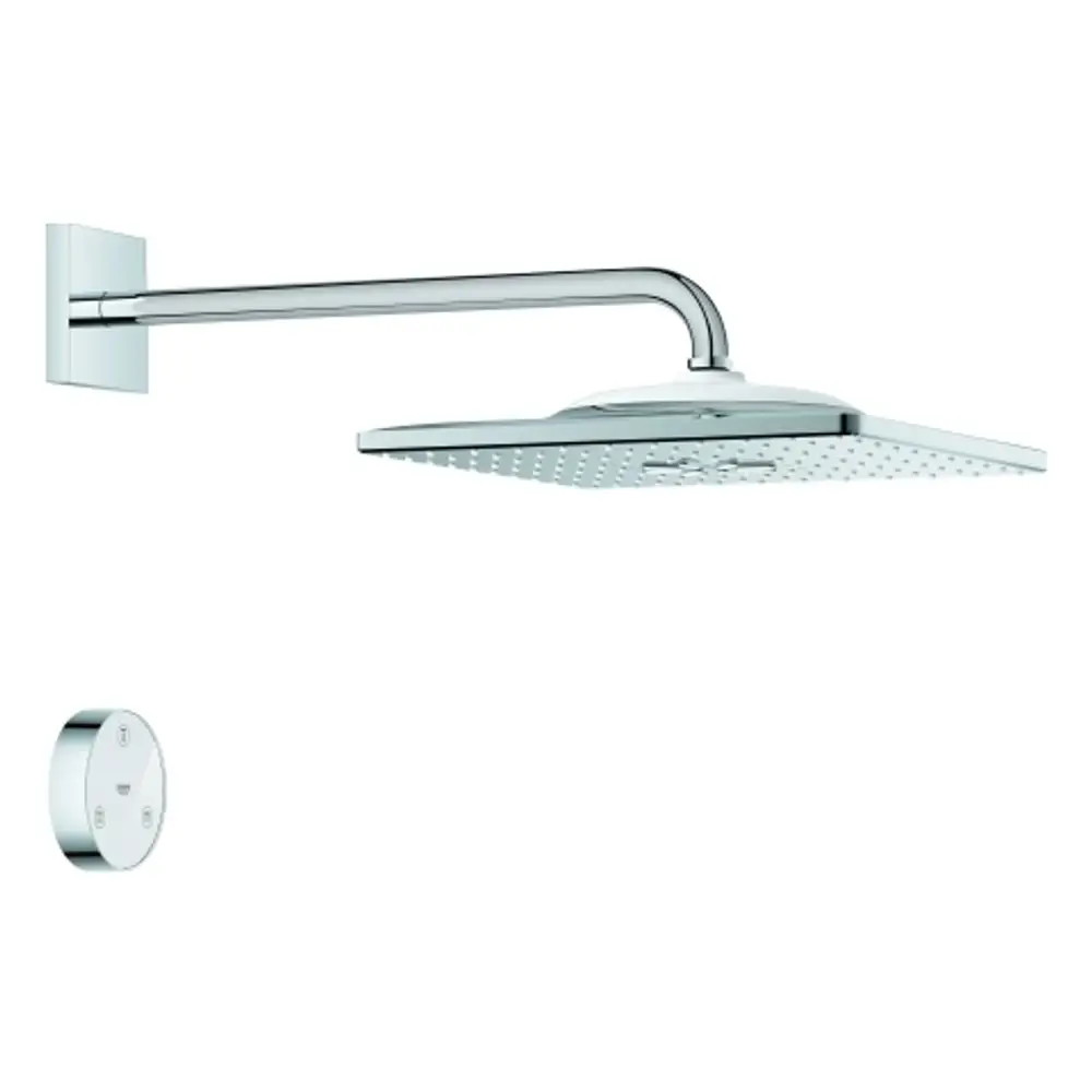 Grohe Duschkopf mit quadratischer Form, montiert an einem gebogenen Arm, und einem runden Regler zur Steuerung, in glänzendem Chrom-Finish.