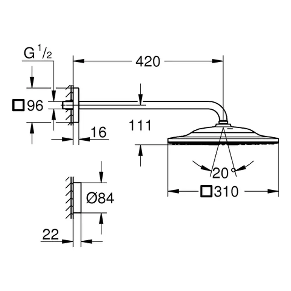Grohe Duscharm mit runder Kopfbrause, montiert an einem Wandanschluss. Maße und Details sind im technischen Diagramm angegeben.