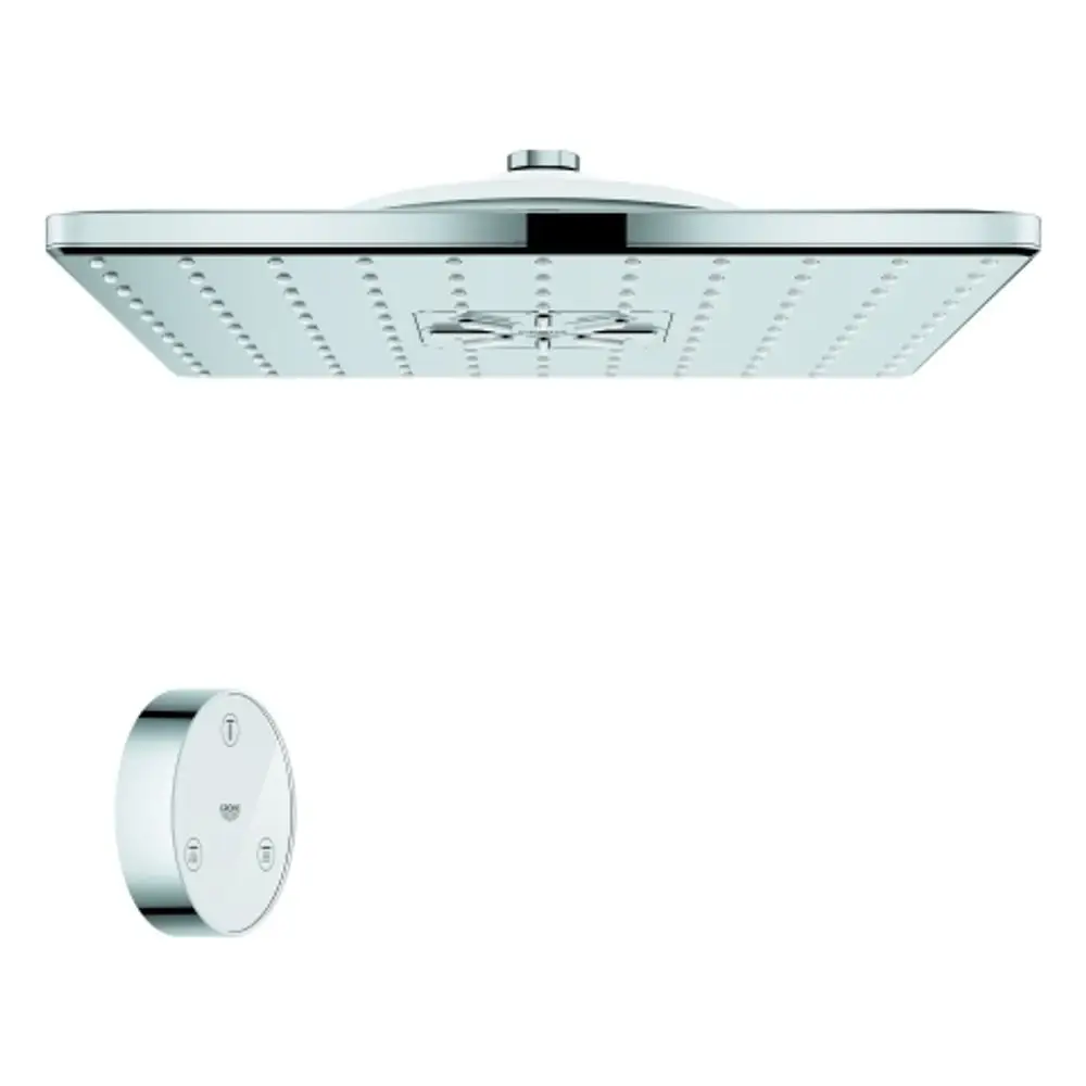 Grohe Duschkopf mit quadratischer Form und gleichmäßiger Düsenanordnung. Dezentral angebrachte Steuerung für verschiedene Funktionen. Elegant in Chromoptik.