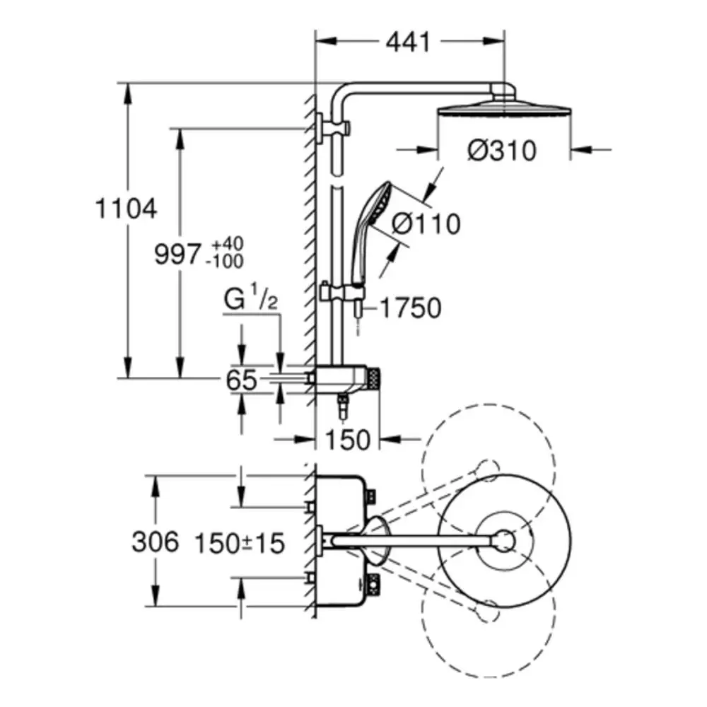 Grohe Duschsystem mit einem großen Duschkopf und Handbrause, montiert an einer Wand, begleitet von technischen Maßangaben zur Installation.