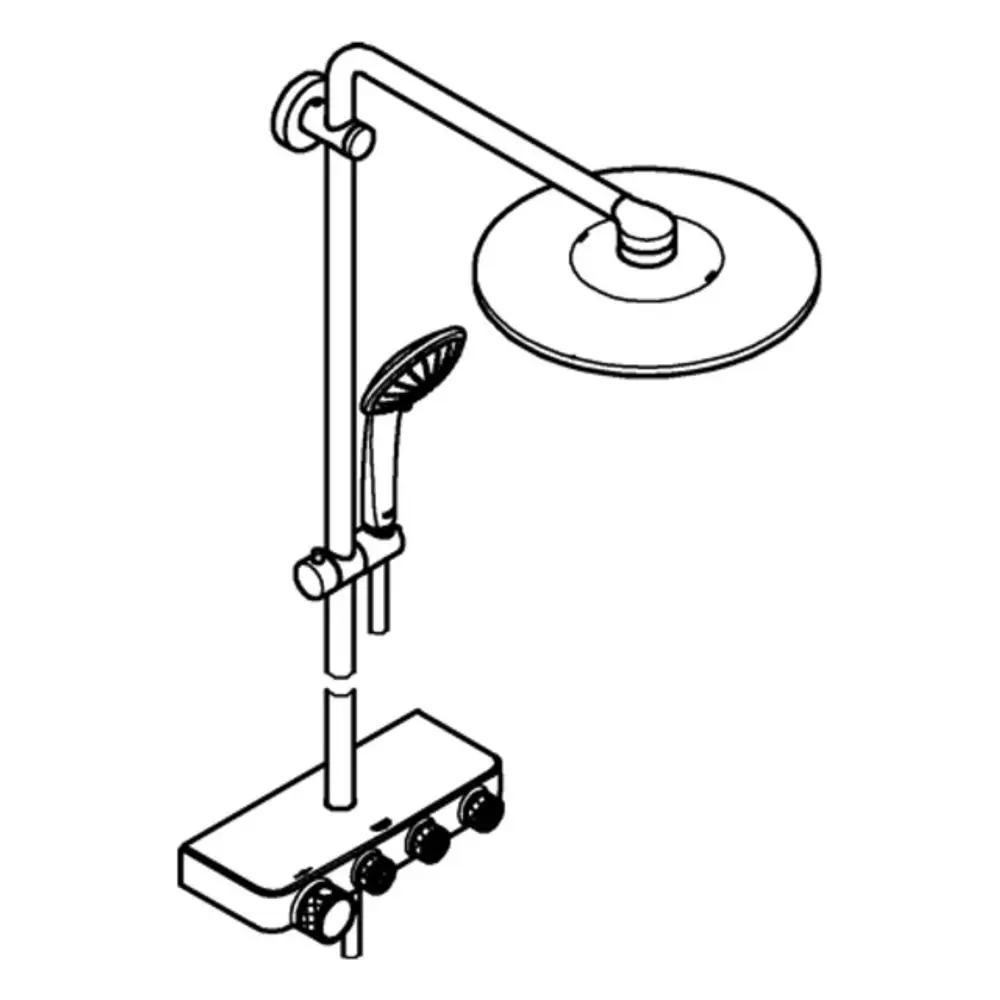 Duschsystem mit großer Kopfbrause und Handbrause, montiert an einem vertikalen Standrohr mit Bedienelementen. Marke Grohe, geeignet für Dusche.