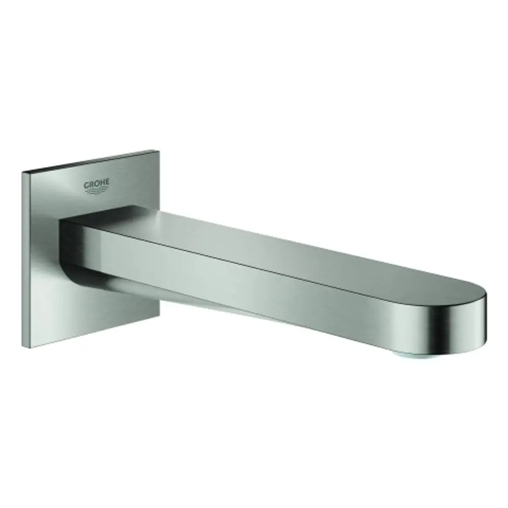 Wandmontierter Wasserhahn aus gebürstetem Edelstahl von Grohe mit einem ausladenden, geraden Auslauf. Elegante, minimalistische Formgebung ohne sichtbare Bedienelemente.