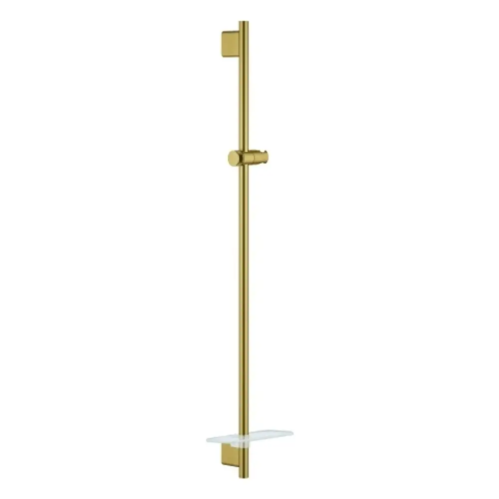 Grohe Brausestange mit einer Halterung und einer Ablagefläche. Das minimalistische Design ist in einem matten Goldton gehalten.