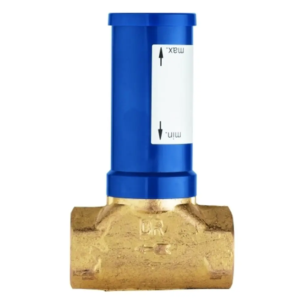 Grohe Ventilunterteil mit blauem oberen Teil und goldfarbener Basis. Sichtbare Markierungen für Minimal- und Maximalwerte an der Seite.