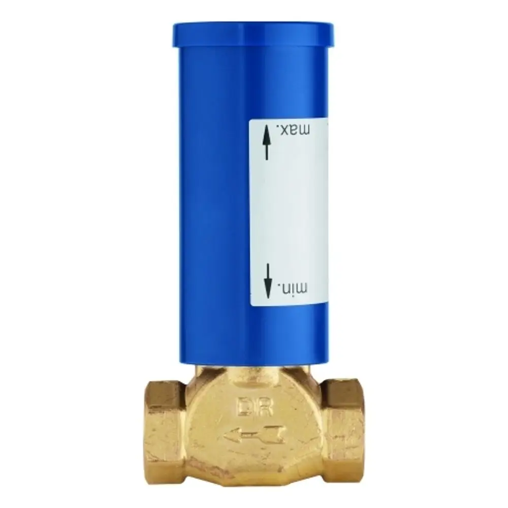 GROHE Ventil-Unterteil in Blau mit einem unteren Teil aus Messing. Das Produkt zeigt Markierungen für Minimal- und Maximalwerte an der Seite.