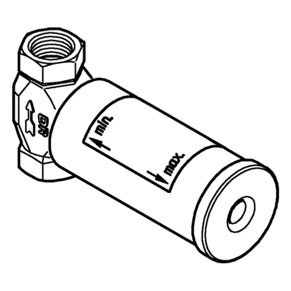 Zeichnung eines GROHE Ventils mit einem zylindrischen Körper und einer hexagonalen Anschlussmutter. Markierungen für minimalen und maximalen Durchfluss sind sichtbar.