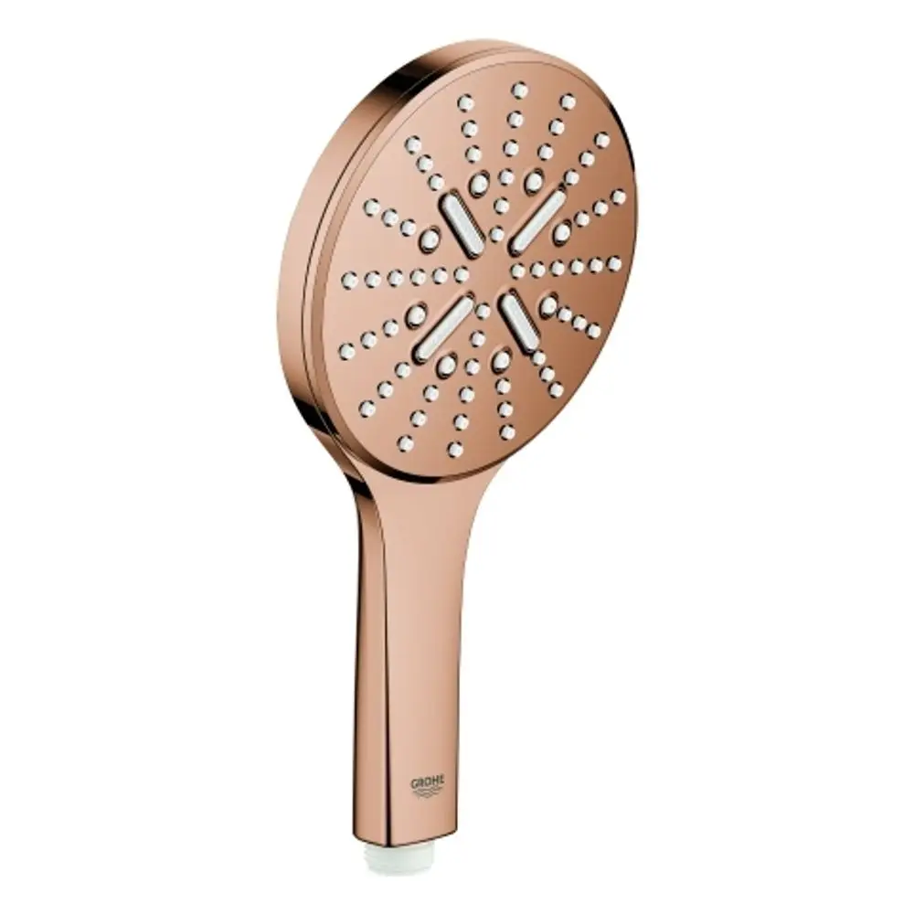 GROHE Handbrause mit runder Kopfplatte und mehreren Wasserstrahlöffnungen in einem glänzenden, roségoldenen Finish. Stiel mit Anschluss für die Montage.