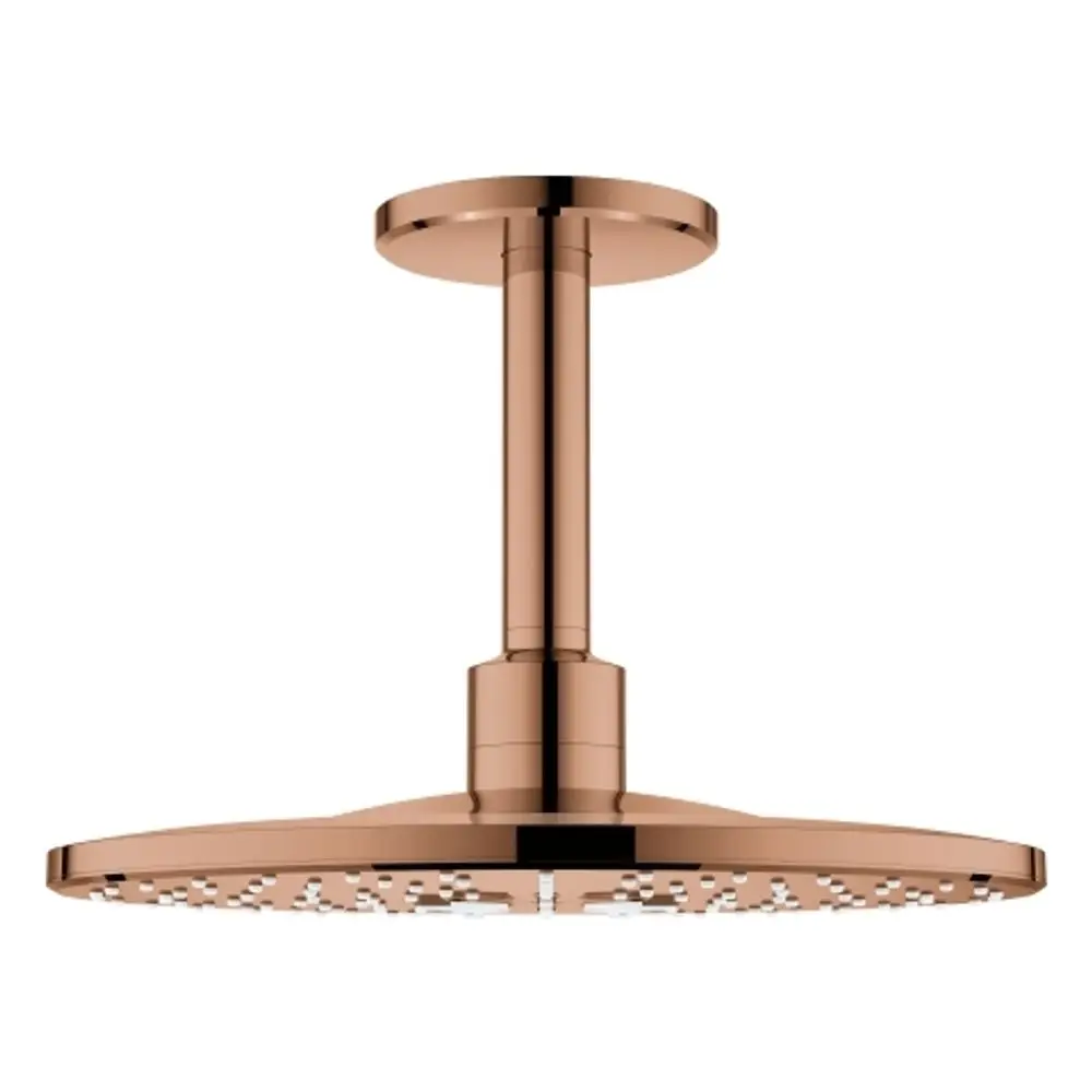 GROHE Kopfbrause in Roségold mit flachem, runden Design und integrierten Wasserdüsen. Befestigung über eine vertikale Stange an der Decke.