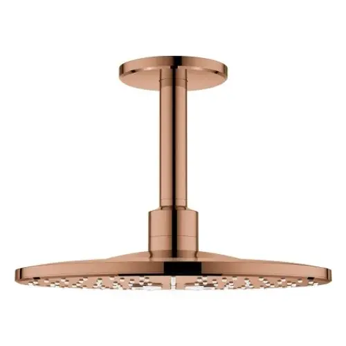 Deckendusche in Roségold mit runder Kopfbrause und einem schlanken Arm, ideal für moderne Badezimmer.