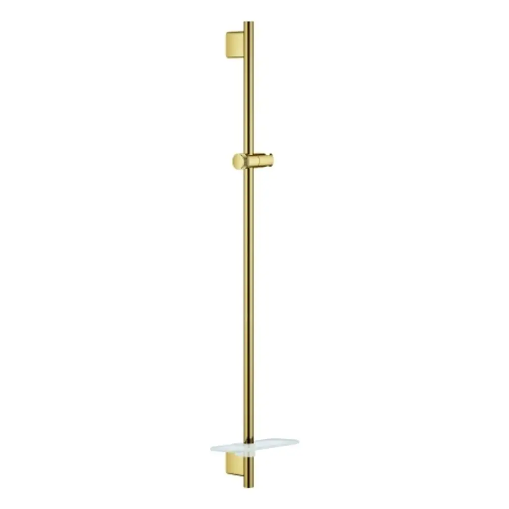 Grohe Brausestange in Gold mit einer horizontalen Ablagefläche. Das minimalistische Design ermöglicht eine einfache Integration in moderne Badezimmer.