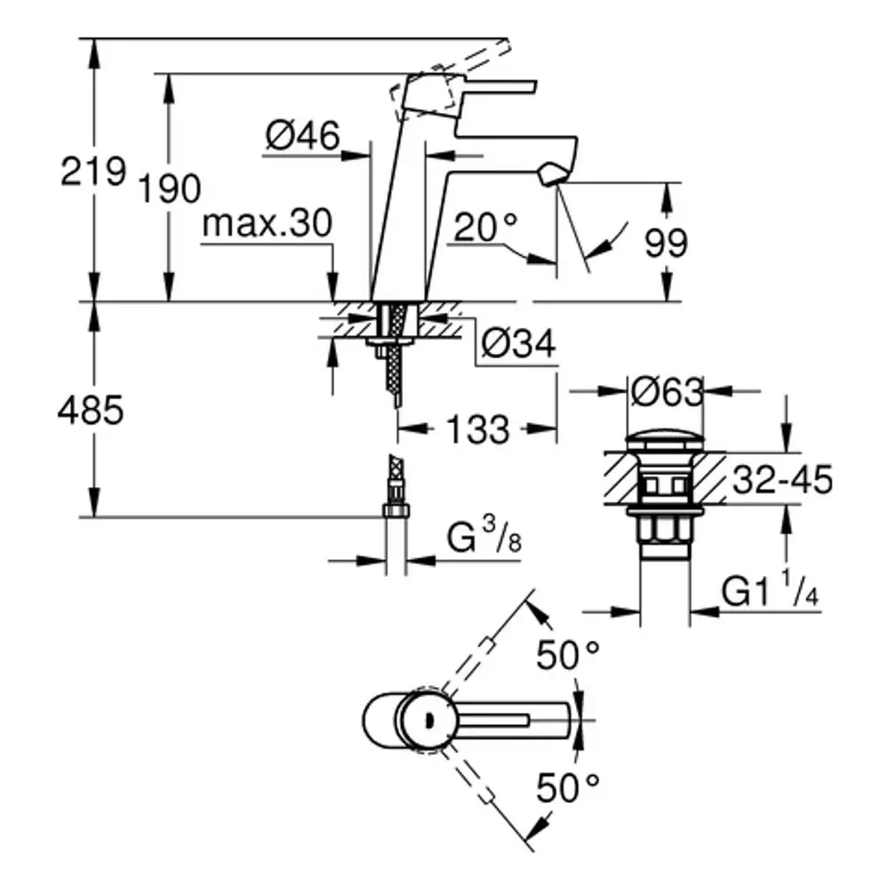 Grohe Wasserhahn mit seitlichem Hebel, abgebildet in technischer Zeichnung. Detailansicht mit Maßen für Montage und Ablaufgarnitur.