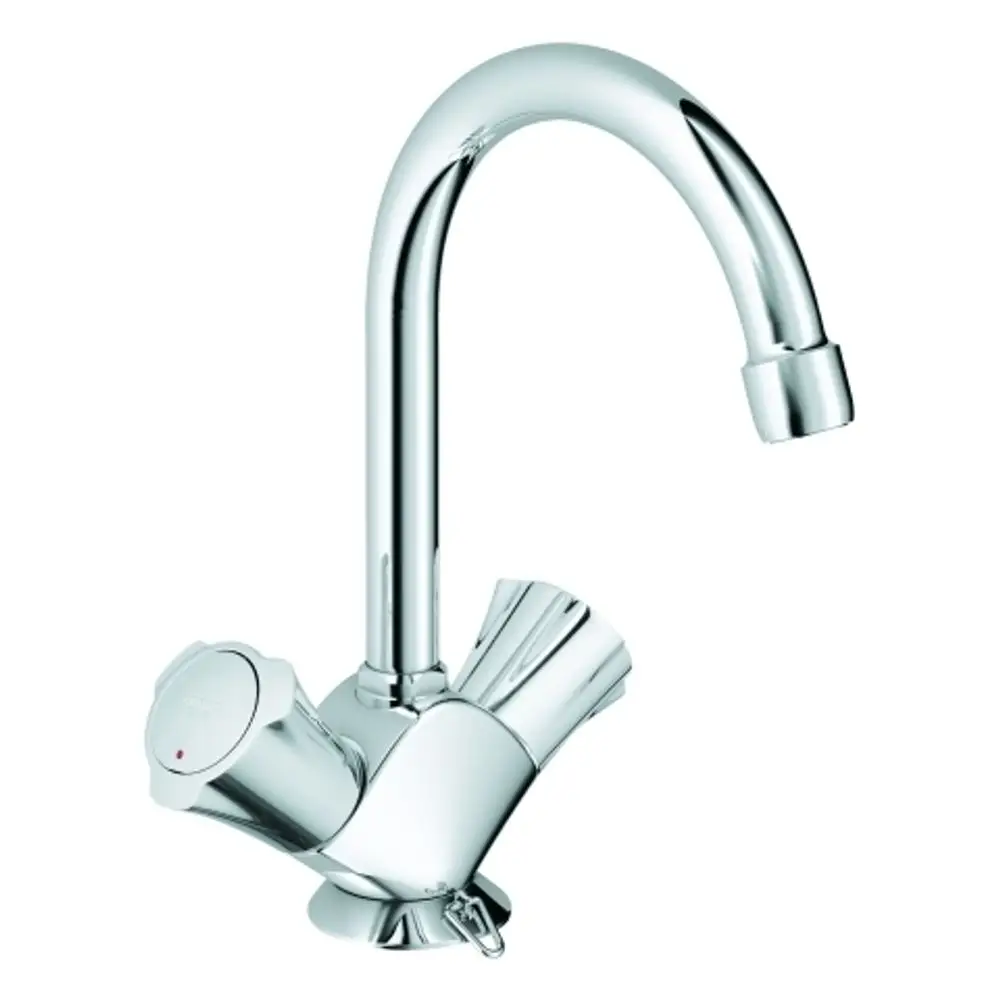 Einzelne Chrom-Wasserarmatur mit gebogenem Auslauf und einem seitlichen Bedienknopf. Das Design ist funktional und schlicht, typisch für Grohe-Produkte.