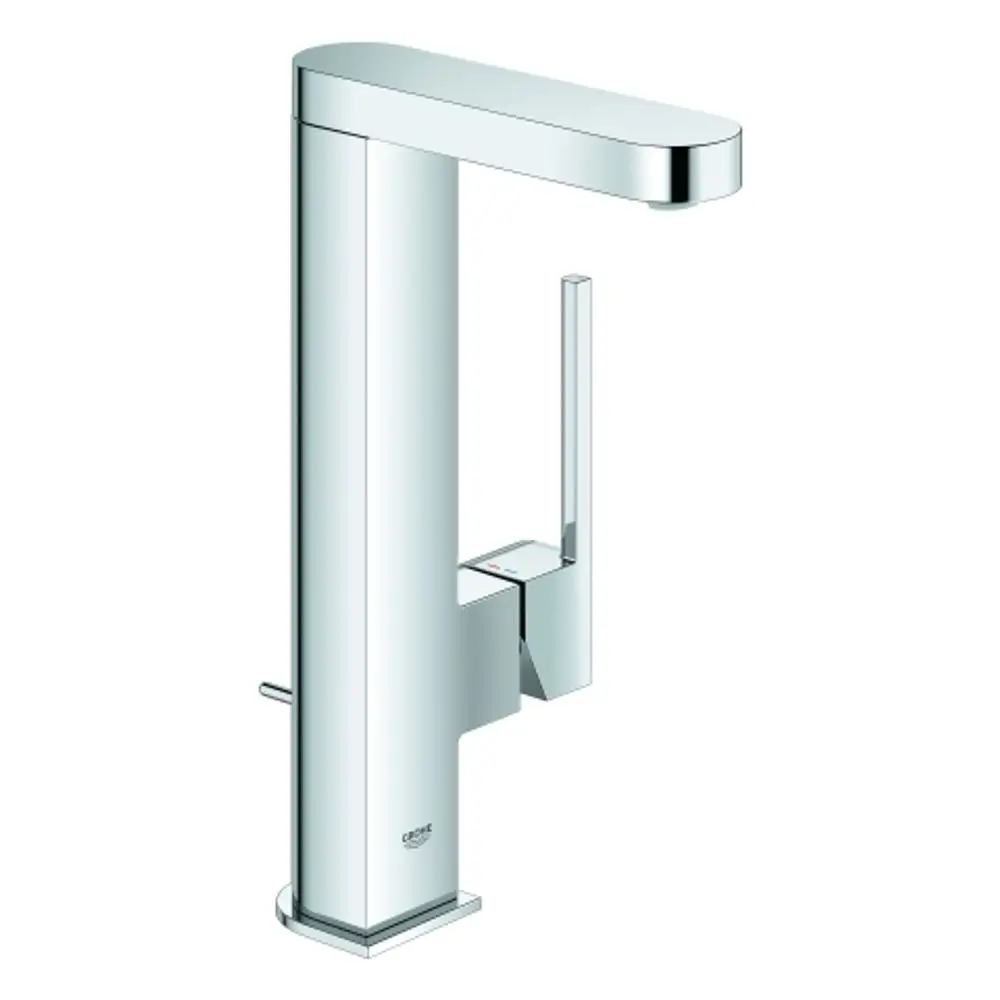 Chromfarbener Wasserhahn mit schwenkbarem Auslauf und Bedienhebel. Das Design ist modern und funktional, geeignet für Waschbeckeninstallationen. Marke: Grohe.