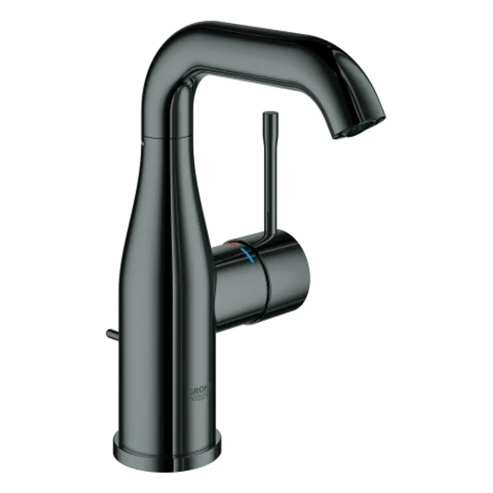 Schwarze Grohe-Armatur mit ergonomischem Griff und U-Auslauf, geeignet für Waschbecken mit einfacher Bedienung zur regulierenden Wasserzufuhr.