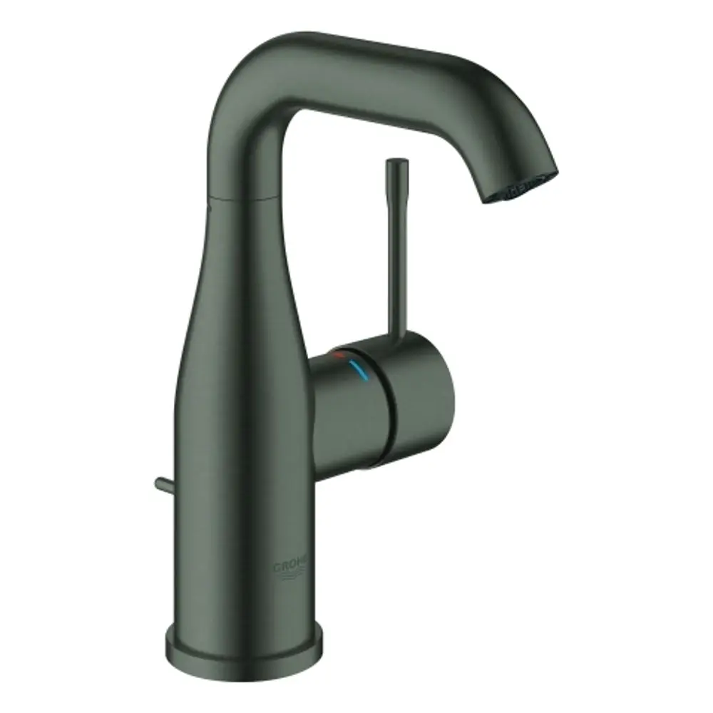 Grohe Wasserhahn in mattschwarzer Oberfläche mit einem hohen Auslauf und einem seitlichen Hebel zum Regulieren der Wassertemperatur und des Wasserflusses.