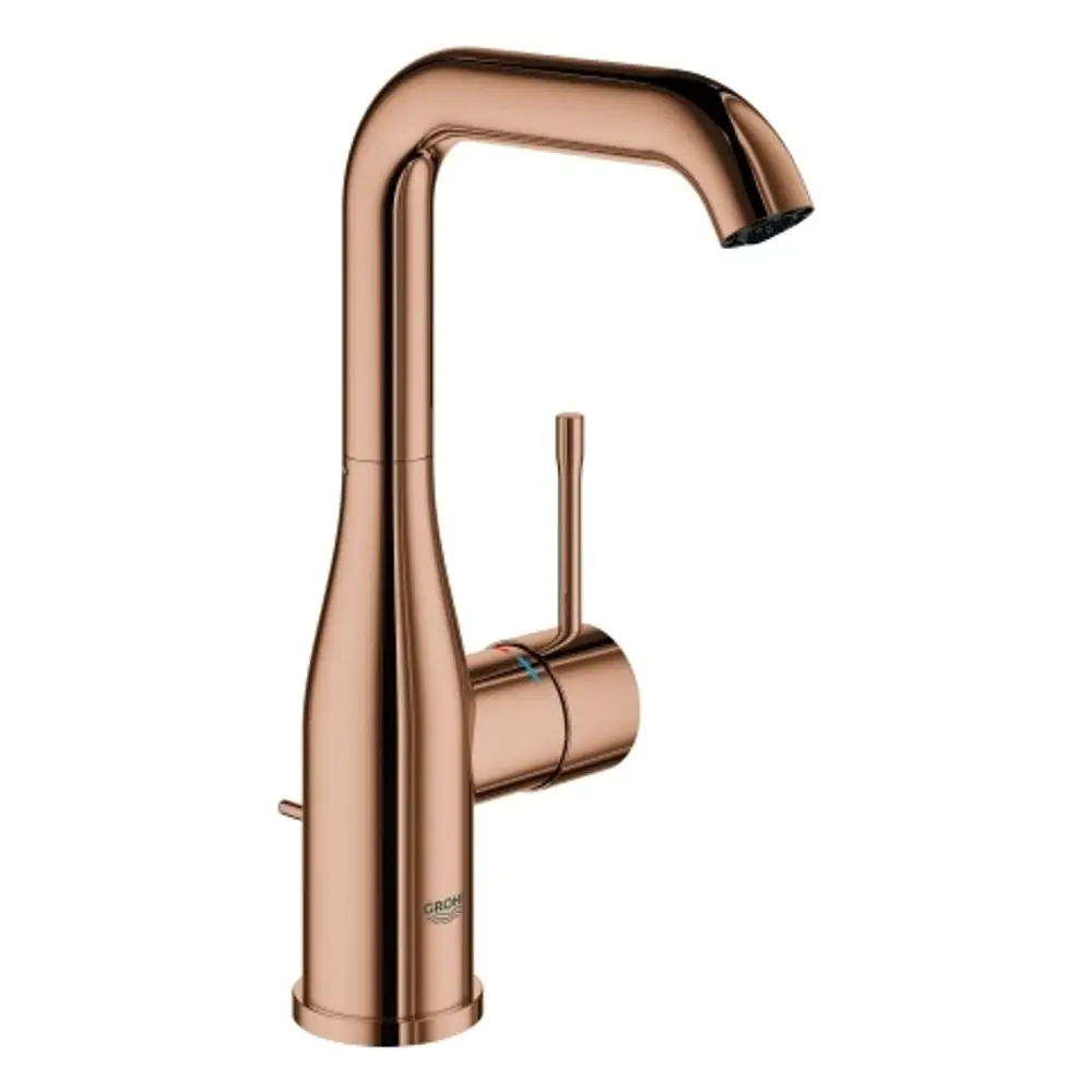 Küchenarmatur in Kupferoptik von Grohe mit hohem U-Auslauf und seitlichem Hebel zur Wasserregulierung, platziert auf einer glatten Oberfläche.