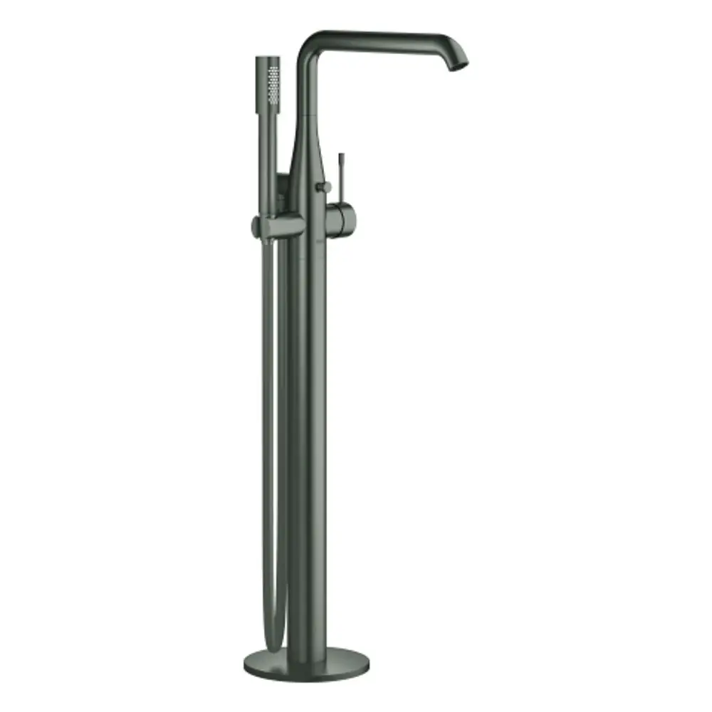 Grohe Wannenbatterie in hard graphite, für Bodenmontage, mit einem langen Auslauf und einem zusätzlichen Handduschausgang.