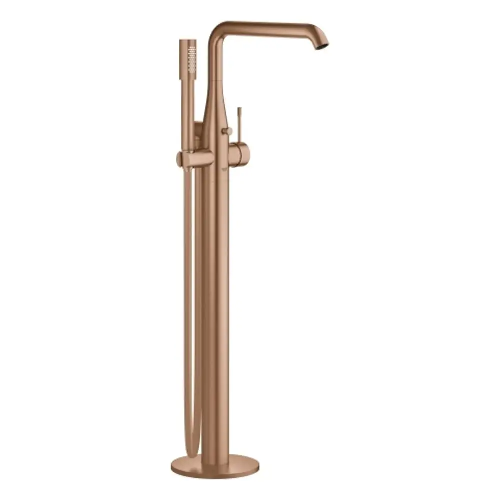 Grohe-Wannenbatterie in gebürstetem warm sunset, Bodenmontage, mit Kopfbrause und Handbrause, zeigt modernes Design und klare Linienführung. Ideal für Badezimmer.