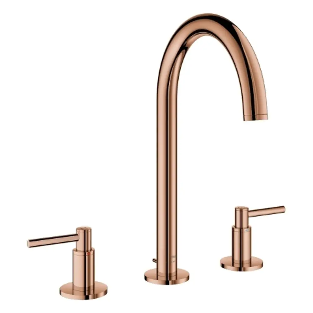 Grohe-Waschtischarmatur mit einem hohen, gebogenen Rohrauslauf und zwei Hebelgriffen in Rosé-Optik, geeignet für die Montage mit drei Löchern.