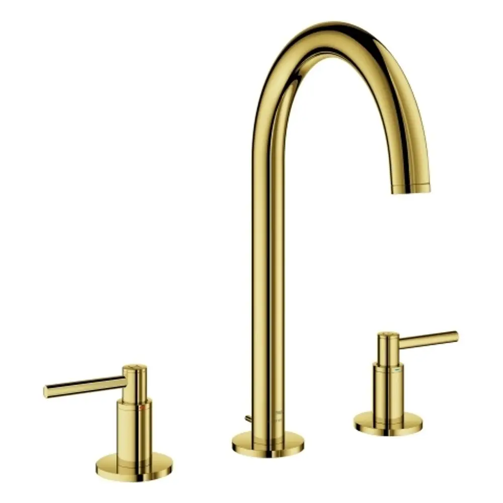 Grohe-Waschtischarmatur in Goldoptik mit einem hohen Rohrauslauf und zwei Hebelgriffen zur Regulierungen von Wasserfluss und -temperatur.