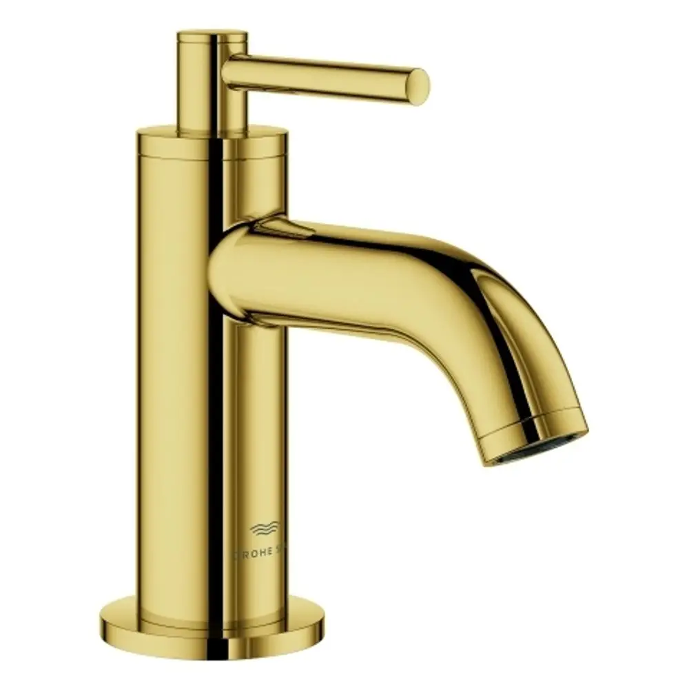 Grohe Standventil mit Hebelgriff in goldener Ausführung. Der Auslauf ist schmal und gerundet, montiert auf einer runden Basis.