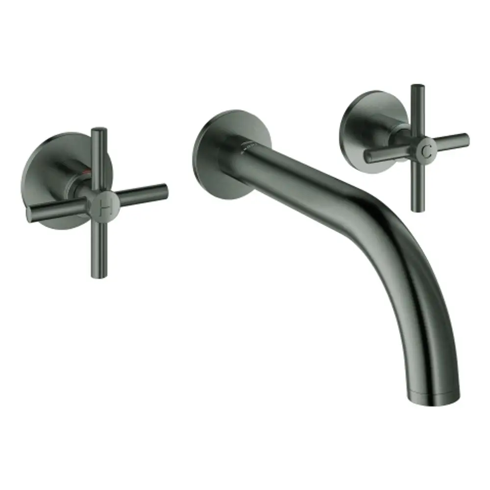 Grohe-Wasserhahn mit drei Löchern, ausgestattet mit zwei Kreuzgriffen und einem gebogenen Auslauf, in hartem, gebürstetem Graphit-Finish.