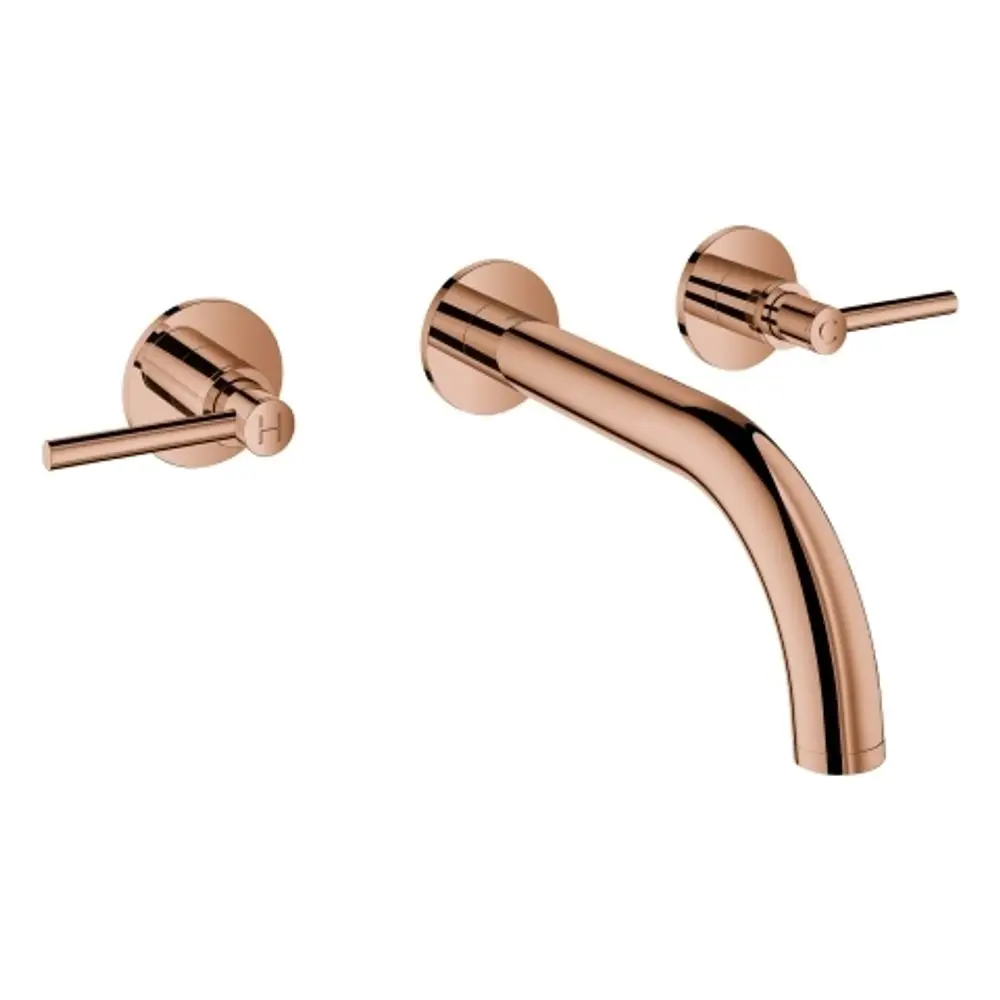 Wandmontierte Grohe-Armatur mit zwei Hebelgriffen und gebogenem Auslauf in Roségold. Die Bedienelemente sind klar gekennzeichnet für heiße und kalte Wasserzufuhr.