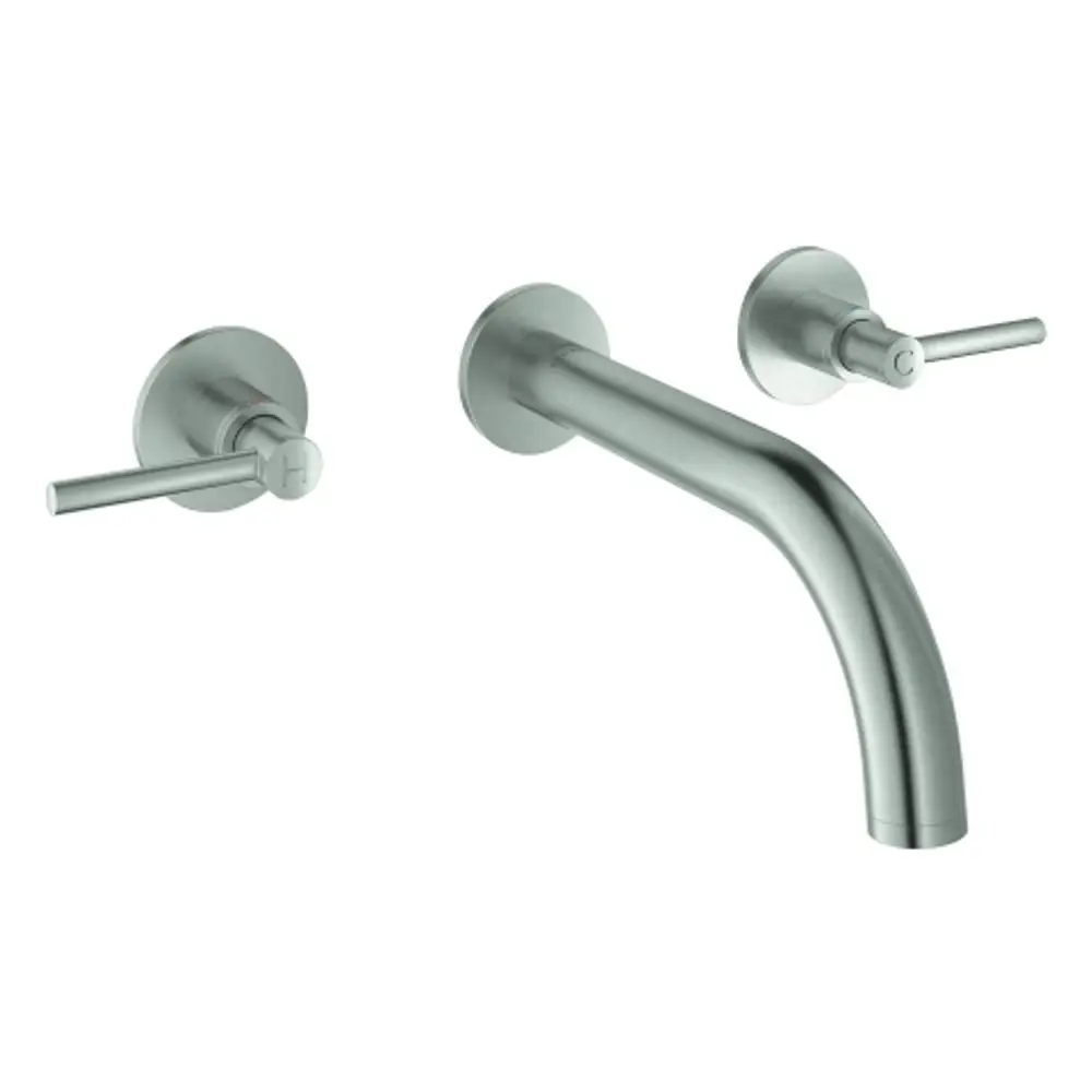 Wandmontierte Grohe-Wasserhahn-Kombination mit zwei Hebelgriffen und einem gebogenen Auslauf aus Edelstahl, für ein modernes Bad-Design.